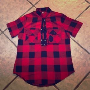 NWOT Buffalo Plaid Lace Up Top - Size L